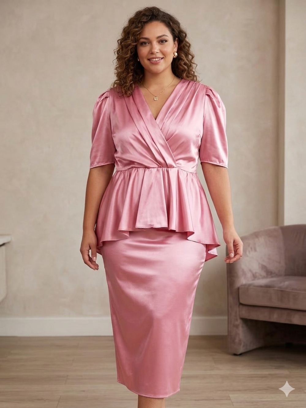 Vintage Satin Wrap Peplum Midi Dress - Pink